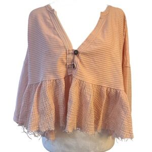 We the Free Oversized Textured V Neck Longsleeve Blouse Small Pink